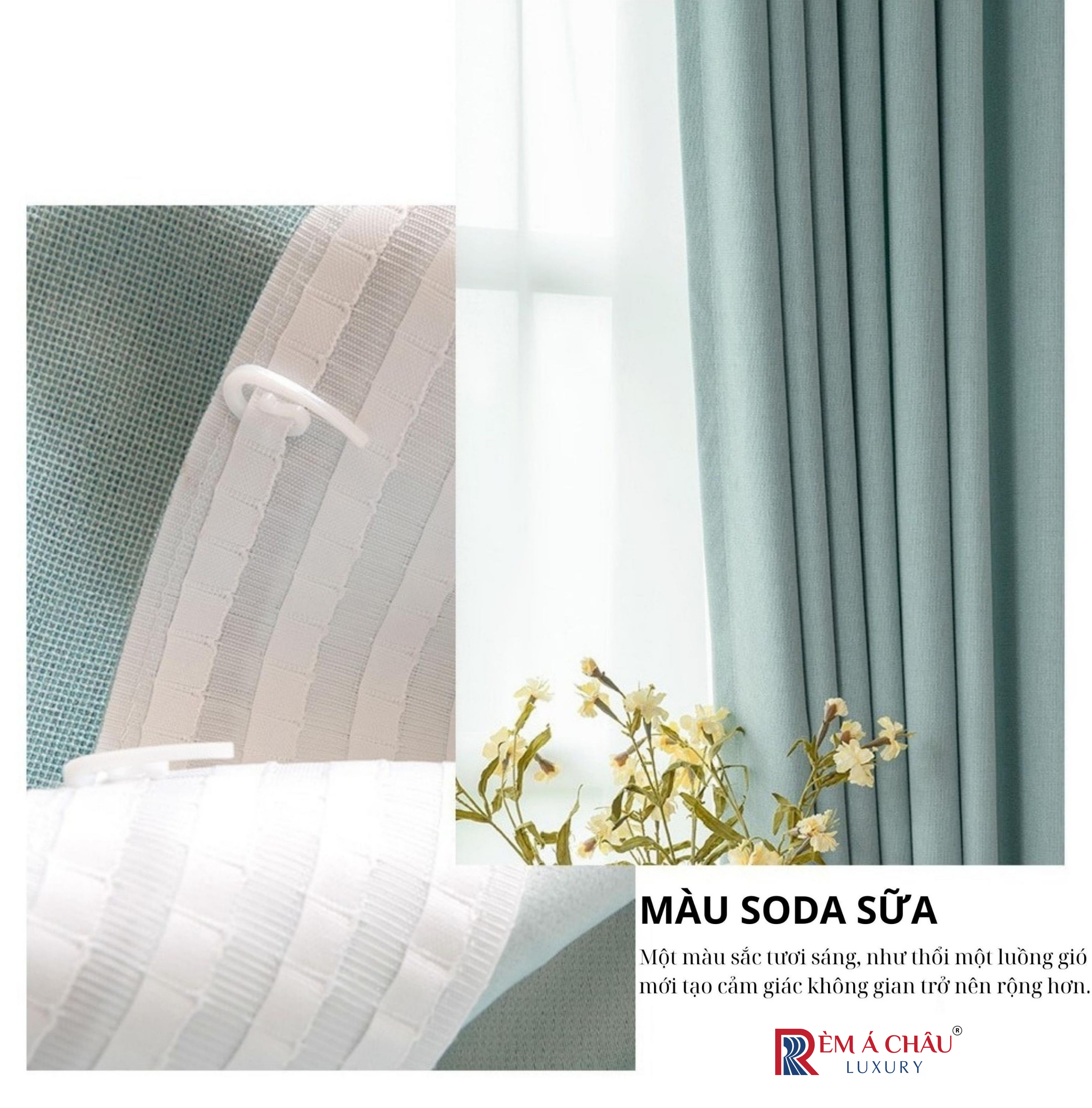 Rèm vải nhập khẩu Á Châu màu xanh Soda Sữa